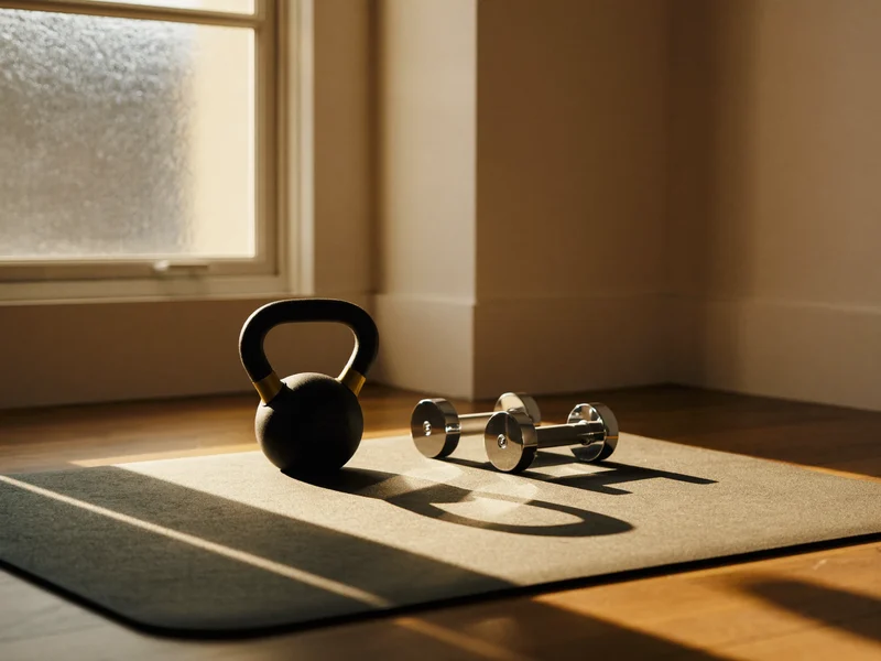 Angolo di allenamento domestico con tappetino, kettlebell e manubri vicino a una finestra.